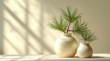 AI generated oil and pine leaves in white vase photo