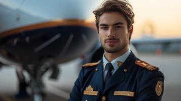 AI generated A young handsome pilot stands on a blurred background of a large passenger plane with copy space photo