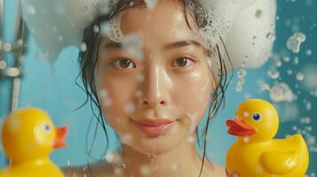 ai generado joven hermosa asiático mujer lavados su pelo en el ducha foto