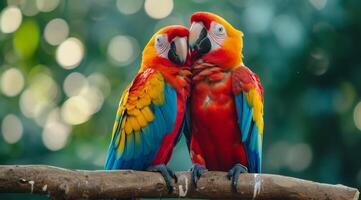 AI generated two colorful parrots are sitting together on a branch photo