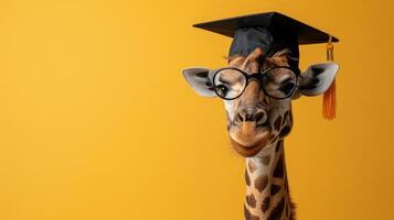 AI generated Giraffe Graduate Concept on Yellow Background photo