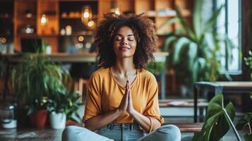 ai generado ejecutivo comprometido en un bienestar rutina, equilibrio trabajo y salud con gracia foto