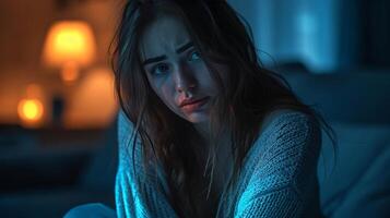 AI generated Sad upset woman crying in dark gloomy house photo