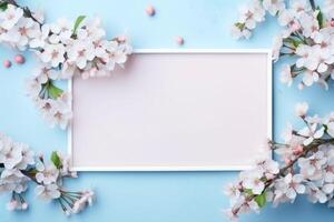 AI generated white frame with flowers in it on a blue background photo