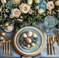 AI generated easter table setting with gold, blue, and green photo