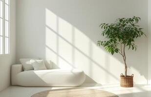 AI generated couch and plant in white and brown sitting room photo