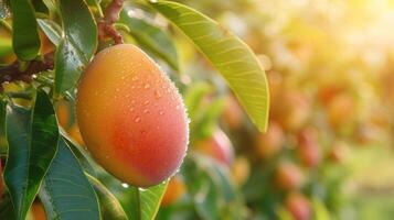 AI generated Beautiful juicy ripe mango hang on a branch in the summer garden photo