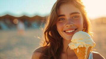 AI generated The beautiful girl has a big yellow ice cream photo