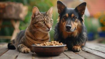 AI generated A beautiful cat and a dog are sitting near a bowl of food on a wooden terrace photo