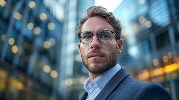 AI generated Young serious businessman in glasses looking at the camera against the background of a blurred business center photo