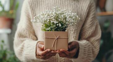 ai generado un mujer manos participación un marrón caja con flores en eso foto