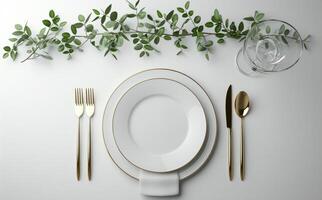 AI generated place setting with some green leave branches photo