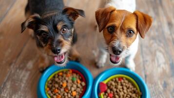 AI generated two happy dogs happily eat their food from colorful bowls photo