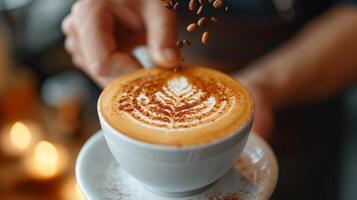 AI generated A young handsome barista in a coffee shop makes a beautiful cappuccino with a pattern of a leaf shape photo