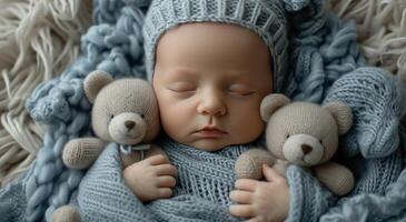 AI generated newborn baby boy sleeping in blanket with bears photo