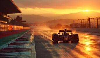 ai generado coche es conducción en un vacío carrera pista a puesta de sol foto