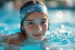 ai generado un niña en un nadando gorra nada en un azul piscina foto