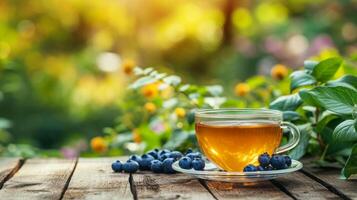 AI generated a cup of green tea next to blueberry on a wooden table. blurred background of summer garden from behind photo