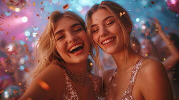 AI generated Two young beautiful girls in shiny dresses dance at a party photo