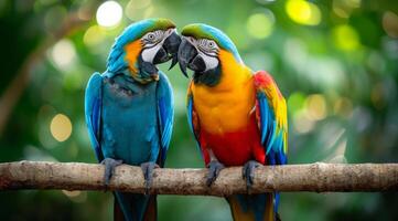 AI generated two colorful parrots are sitting together on a branch photo