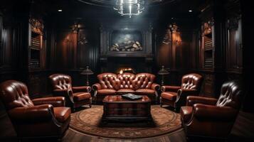 AI generated Luxurious Leather Armchairs by Fireplace photo