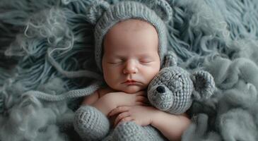 ai generado recién nacido bebé chico dormido en cobija con osos foto