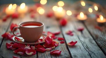 AI generated a cup of tea with rose petals and candles on a wooden table photo