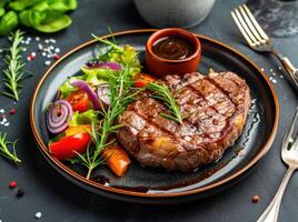 AI generated a steak in a plate with vegetables, cutlery, and sauce photo