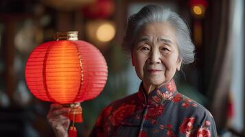 ai generado un alegre chino mujer participación un rojo linterna a hogar, mirando a el cámara foto