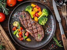 AI generated a steak in a plate with vegetables, cutlery, and sauce photo
