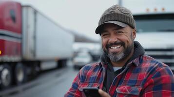 AI generated Joyful Truck Driver Taking a Break, Checking Phone photo