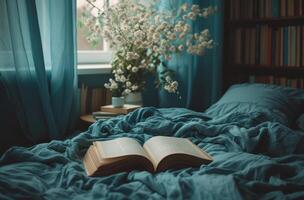 AI generated a dark blue bed was just made and something else is also sitting photo