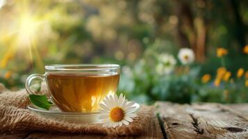 AI generated a cup of green tea next to chamomile flower on a wooden table. blurred background of summer garden from behind photo