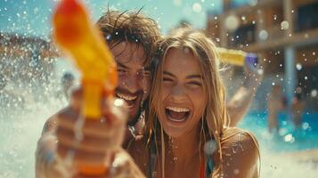 AI generated Young beautiful couple having fun playing with water pistols photo