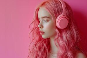 ai generado mujer con rosado pelo en auriculares escuchando a música en rosado antecedentes foto