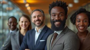 ai generado un multirracial negocio equipo en el oficina, sonriente a el cámara foto