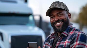 AI generated Joyful Truck Driver Taking a Break, Checking Phone photo