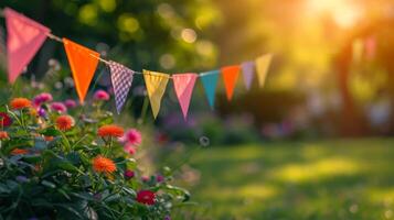 ai generado multicolor guirnalda en el formar de triangular banderas en un borroso antecedentes de un verano jardín foto