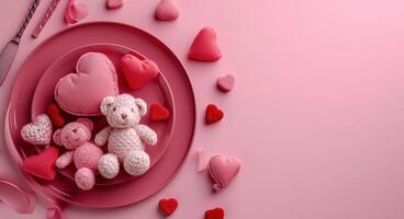 AI generated pink plate with hearts and stuffed animals on pink surface photo