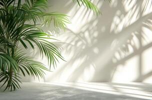 AI generated a background of a white room with a silhouette of a tropical tree photo