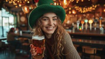 ai generado joven alegre mujer en un grande verde duende sombrero bebidas cerveza en un irlandesa pub foto