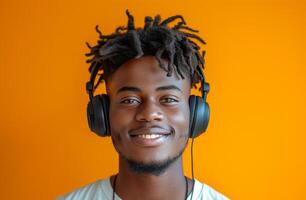 AI generated a young man wearing headphones who is smiling at yellow background photo