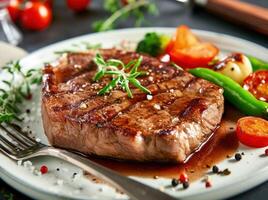 AI generated a steak in a plate with vegetables, cutlery, and sauce photo