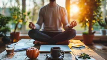 ai generado ejecutivo comprometido en un bienestar rutina, equilibrio trabajo y salud con gracia foto