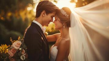 AI generated A romantic embrace under a cascading veil, capturing the couple's love in a dreamy garden photo