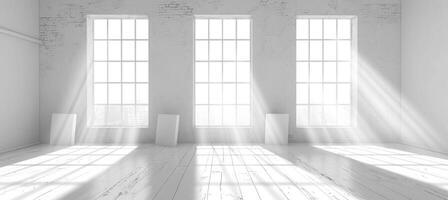 AI generated an empty white room with three windows that are brightly lit photo