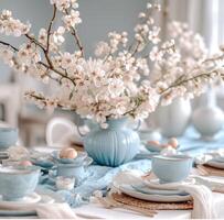 AI generated easter table setting with blue and white table cloths and centerpieces photo