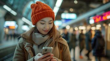 ai generado mensajes de texto en su teléfono inteligente a el tren estación foto