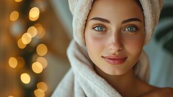 AI generated Beautiful young woman with towel close up in spa photo