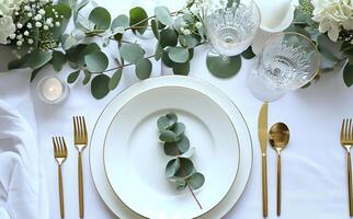 ai generado un comida mesa con sitio ajuste y eucalipto árbol hoja foto